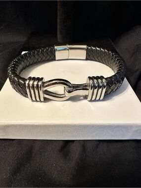 Jean Claude Black Braided Leather Men's Bracelet with Silver Hook Accent